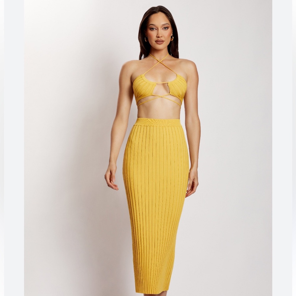 Meshki Crystal ribbed maxi skirt set • XS • Yellow